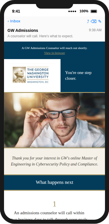 GW Admissions email shown on mobile