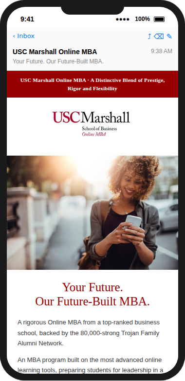 USC Marshall Online MBA email shown on mobile