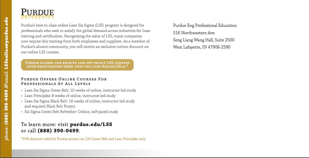 Purdue Lean Six Sigma postcard, back