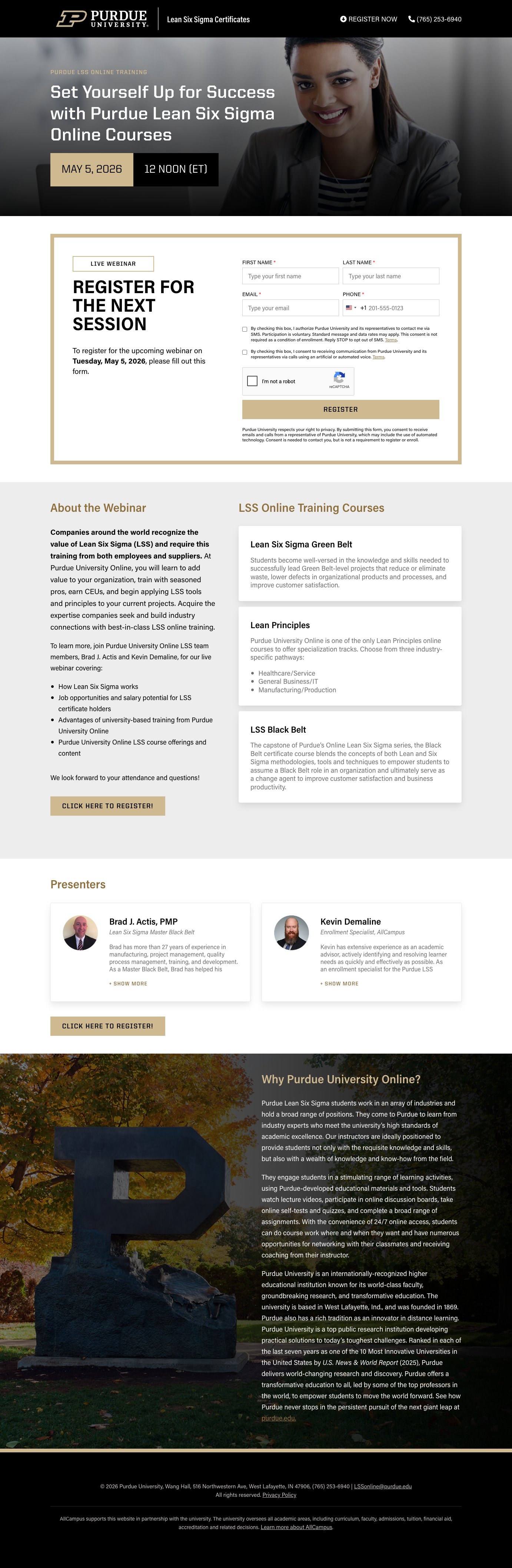 Purdue Lean Six Sigma webinar registration page